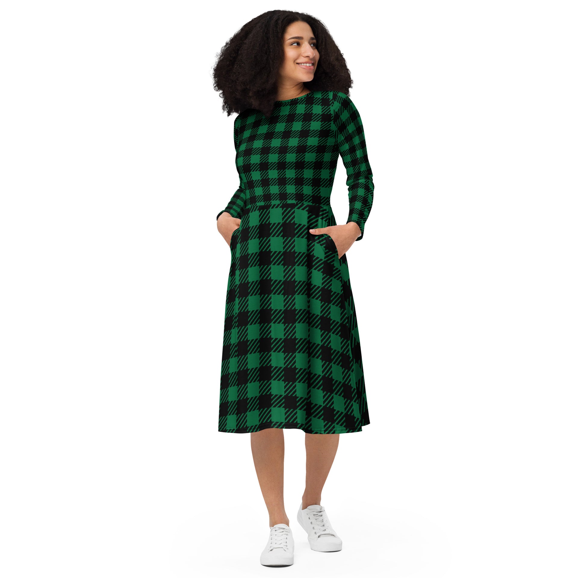 Green Plaid Long Sleeve Midi Dress – Saver Shopping