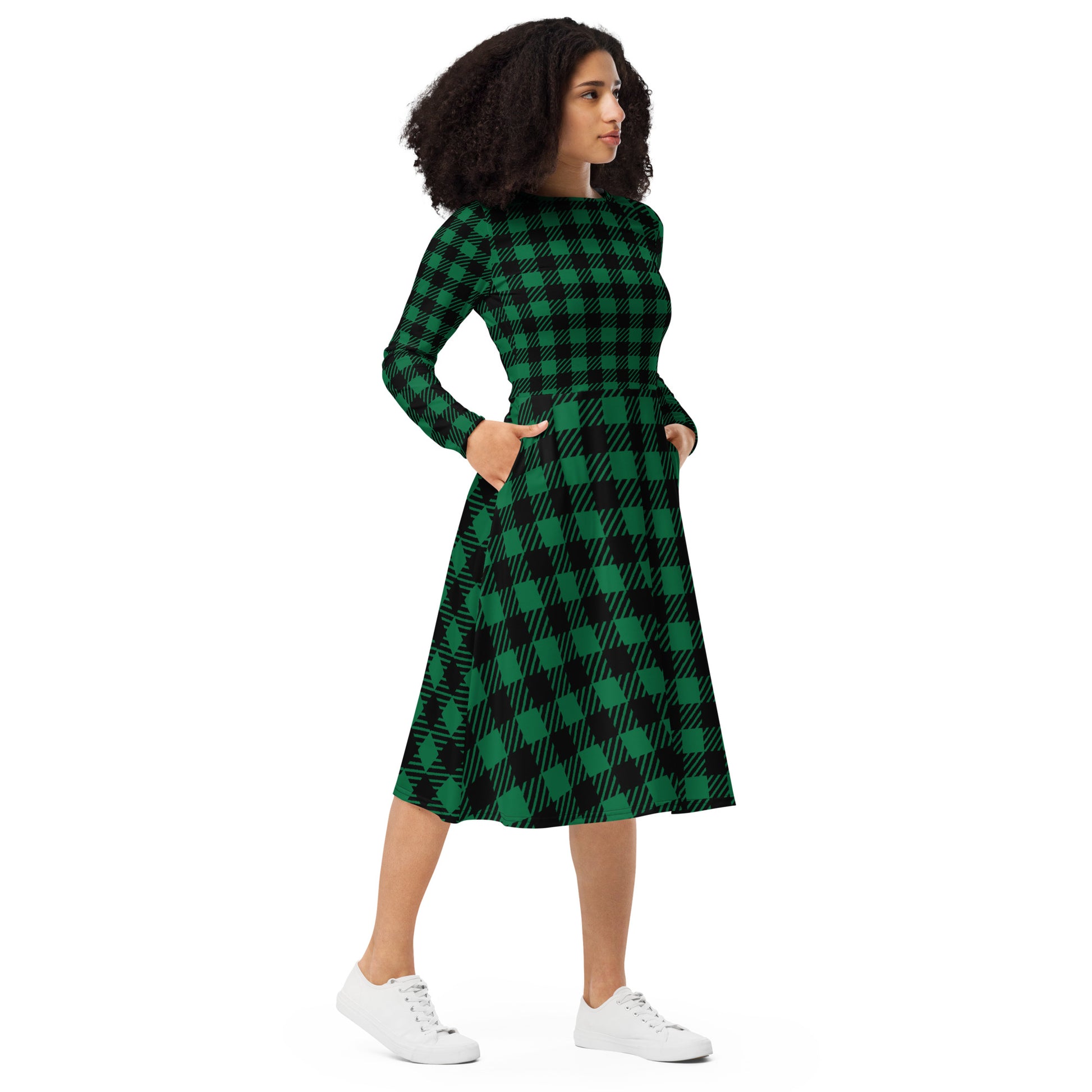 Green Plaid Long Sleeve Midi Dress Saver Shopping Green Plaid Long Sleeve Midi Dress Saver Shopping